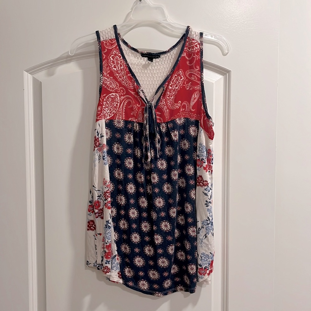 Red and navy top with tie